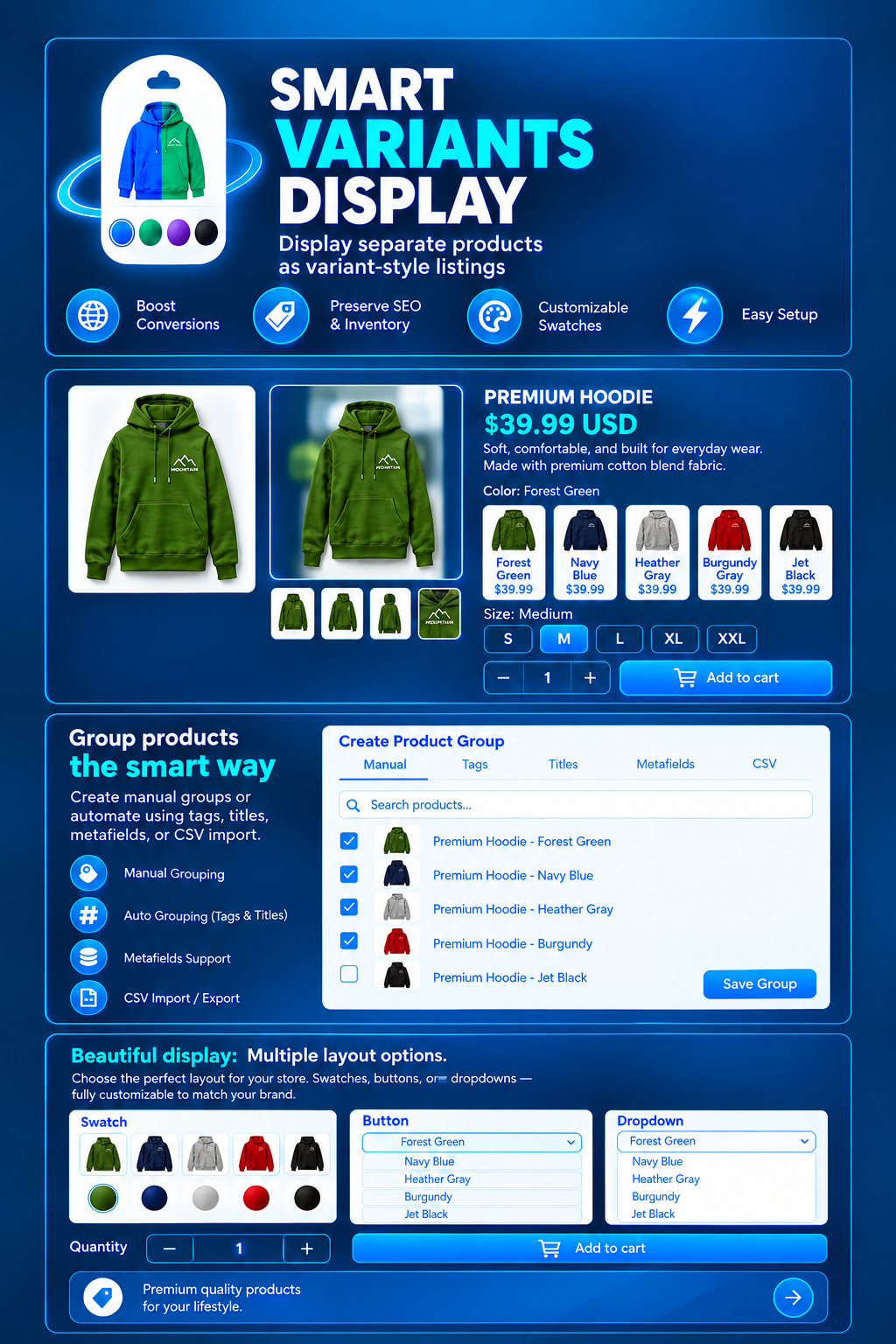 Smart Variants Display app showing combined Shopify product variants with color swatches
