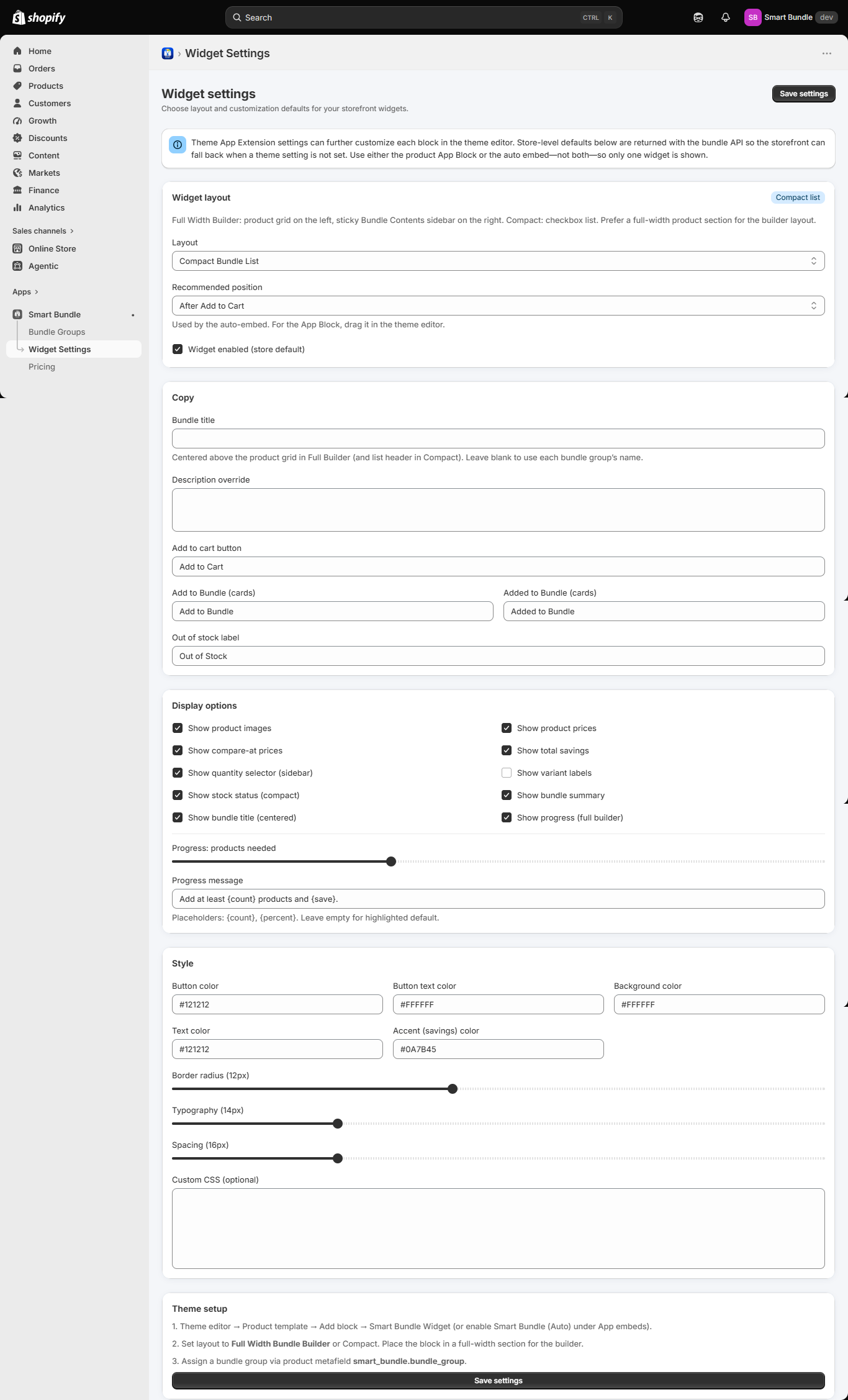 Widget Settings page